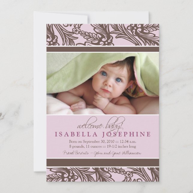 Ornate Floral Baby Birth Announcement (lilac) (Front)