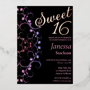 Ornate Floral Border Sweet 16 Invitation Foil Invitation