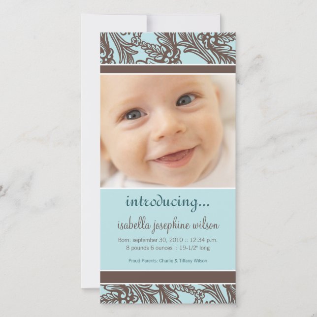 Ornate Floral (Brown/Blue) Birth Announcement (Front)