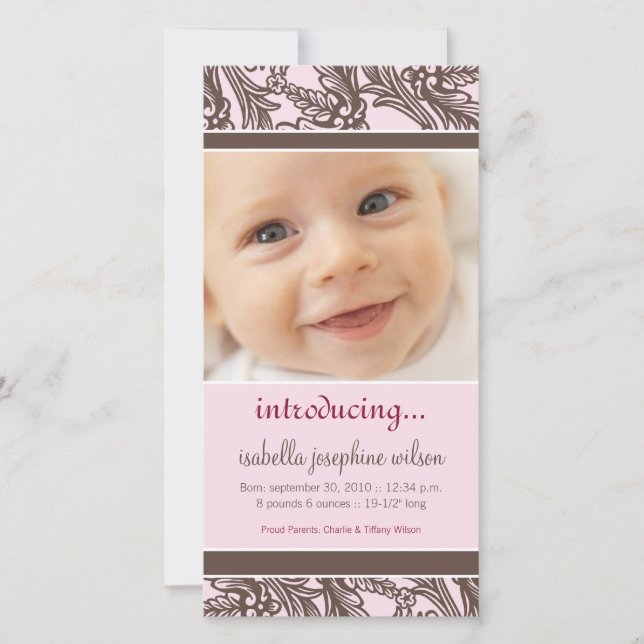 Ornate Floral (Brown/Pink) Birth Announcement (Front)