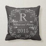 Ornate Floral Chalkboard Monogram Wedding Year Throw Pillow<br><div class="desc">Celebrate the wedding year or anniversary of your favorite bride and groom with this customized keepsake! A fancy,  elegantly detailed white scroll and flower border on a black chalkboard background surrounds a monogram,  couple's names and wedding year. Makes a beautiful,  modern,  personalized gift.</div>