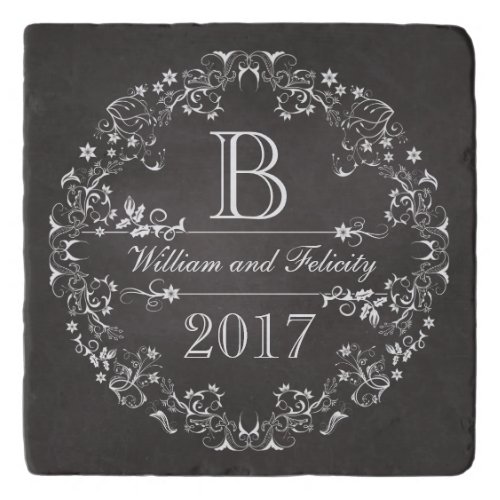 Ornate Floral Chalkboard Monogram Wedding Year Trivet