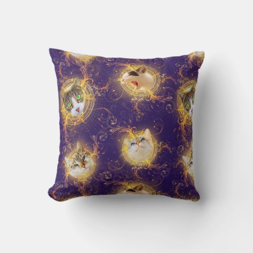Ornate Floral Damask Cute Kitty Cat _ Royal Purple Throw Pillow