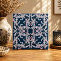 Ornate Floral Filigree Tile in Midnight Blue