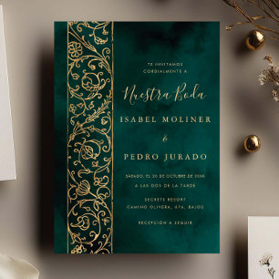 Ornate Floral Gold Green Nuestra Boda Wedding Invitation