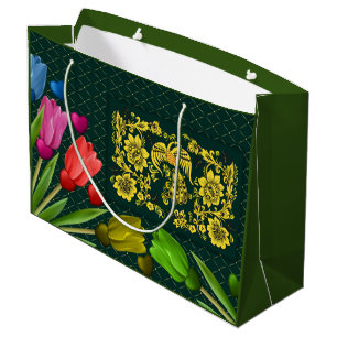 Ornate Floral Gold Pattern on Dark Green Large Gift Bag