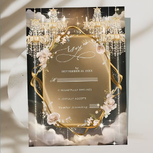 Ornate Floral Golden Chandelier Wedding RSVP Card