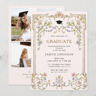 Ornate Floral Grace Boho 4 Photo Graduation Party Invitation
