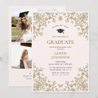 Ornate Floral Grace Boho 4 Photo Graduation Party Invitation
