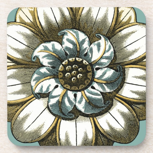 Ornate Floral Medallion on Light Blue Background Beverage Coaster (Front)