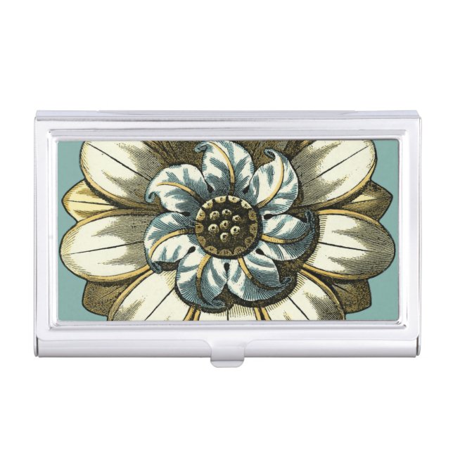 Ornate Floral Medallion on Light Blue Background Business Card Holder (Front)