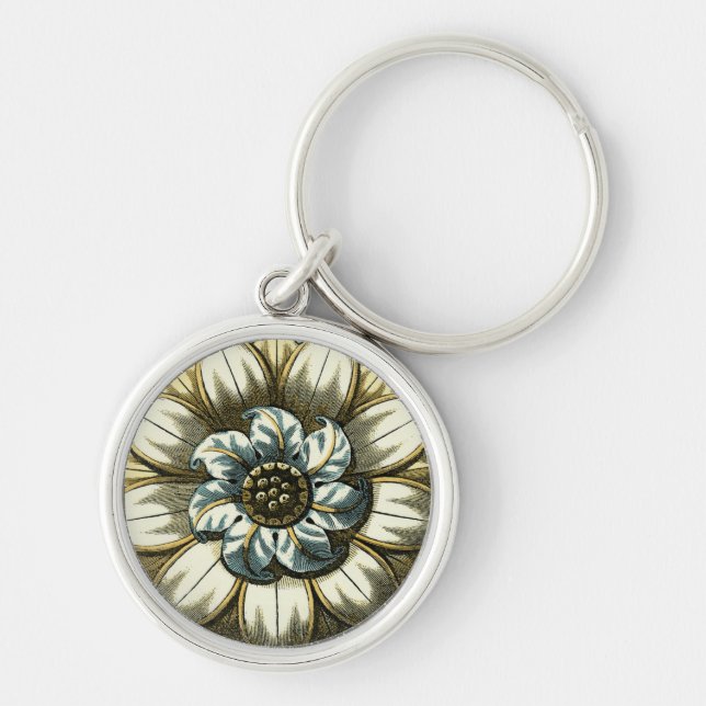 Ornate Floral Medallion on Light Blue Background Keychain (Front)