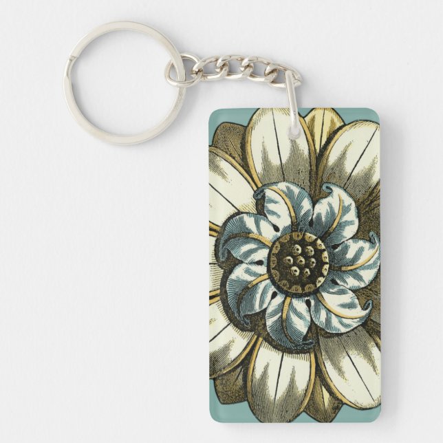 Ornate Floral Medallion on Light Blue Background Keychain (Front)