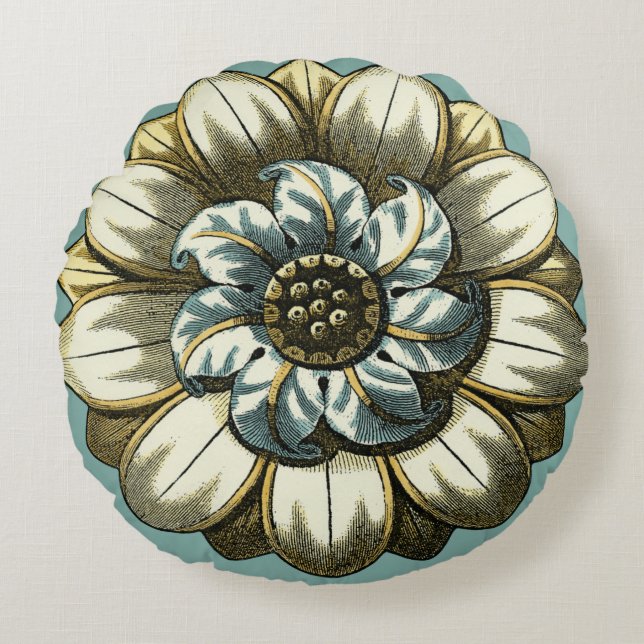 Ornate Floral Medallion on Light Blue Background Round Pillow (Front)