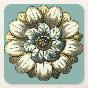 Ornate Floral Medallion on Light Blue Background Square Paper Coaster