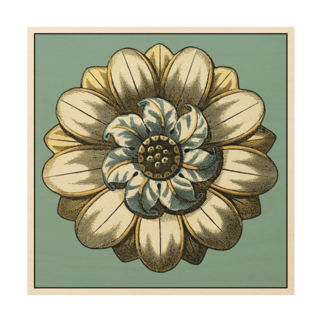 Ornate Floral Medallion on Light Blue Background Wood Wall Art (Front)