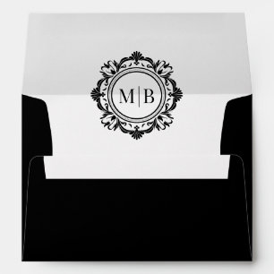 Ornate Floral Monogram Black White Wedding Envelope