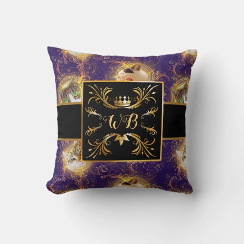 Ornate Floral Monogram Cute Cat _ Royal Purple Throw Pillow