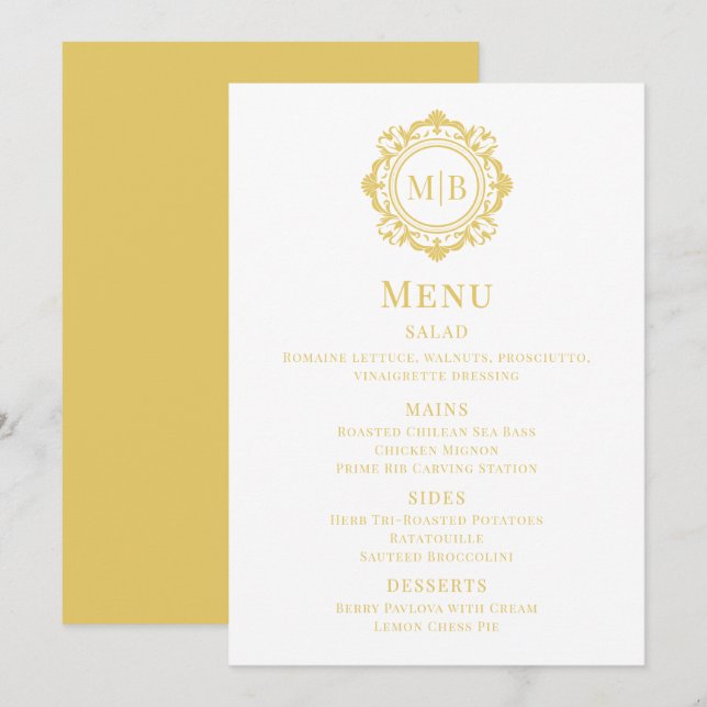 Ornate Floral Monogram Gold Wedding Menu (Front/Back)