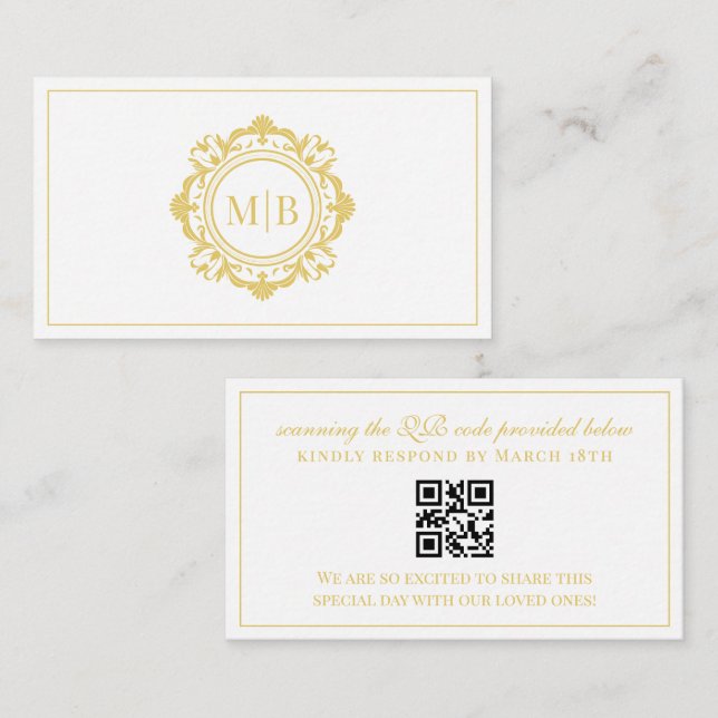 Ornate Floral Monogram Gold Wedding RSVP Enclosure Card (Front/Back)