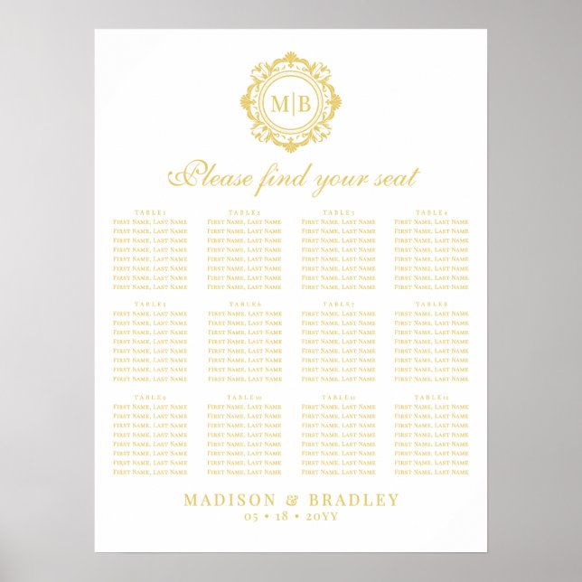 Ornate Floral Monogram Gold Wedding Seating Chart (Front)