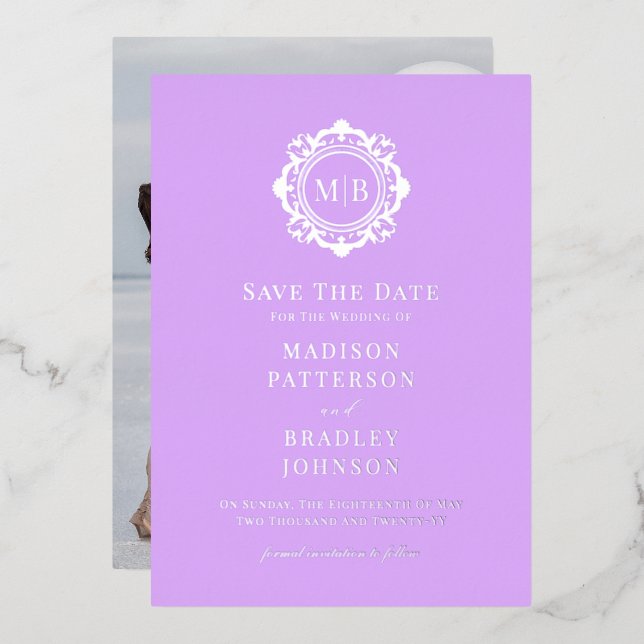 Ornate Floral Monogram Photo Wedding Save The Date Foil Invitation (Front/Back)