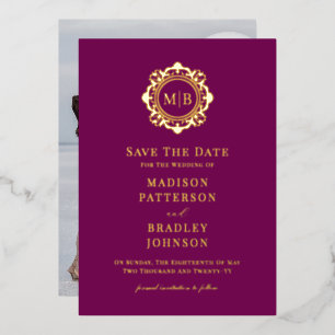 Ornate Floral Monogram Photo Wedding Save The Date Foil Invitation