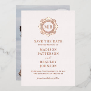 Ornate Floral Monogram Photo Wedding Save The Date Foil Invitation