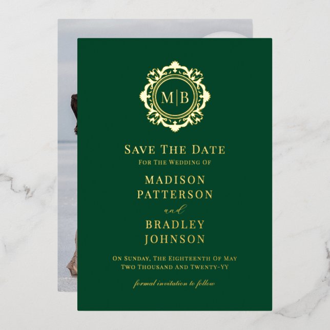Ornate Floral Monogram Photo Wedding Save The Date Foil Invitation (Front/Back)