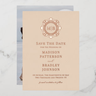 Ornate Floral Monogram Photo Wedding Save The Date Foil Invitation