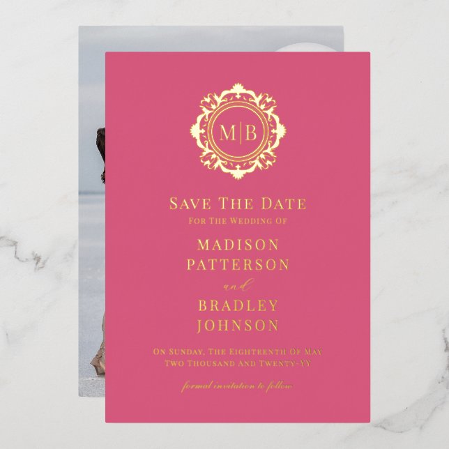 Ornate Floral Monogram Photo Wedding Save The Date Foil Invitation (Front/Back)