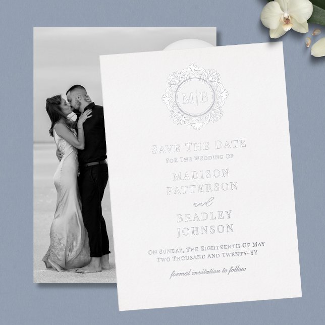 Ornate Floral Monogram Photo Wedding Save The Date Foil Invitation (Creator Uploaded)