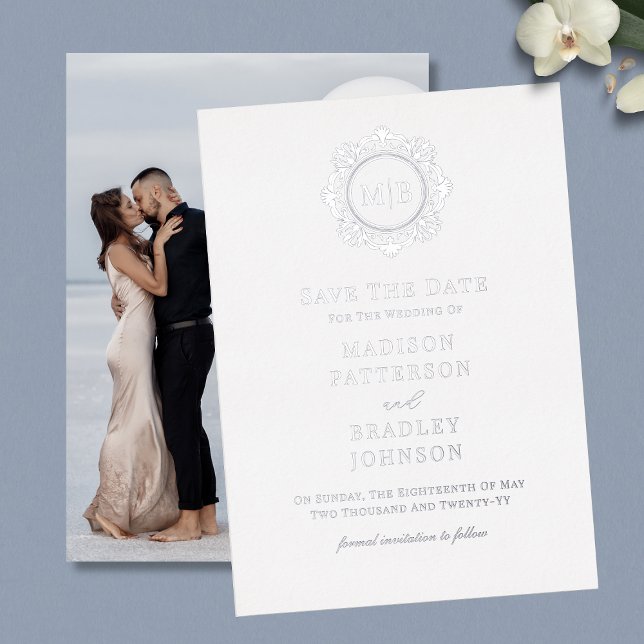 Ornate Floral Monogram Photo Wedding Save The Date Foil Invitation (Creator Uploaded)
