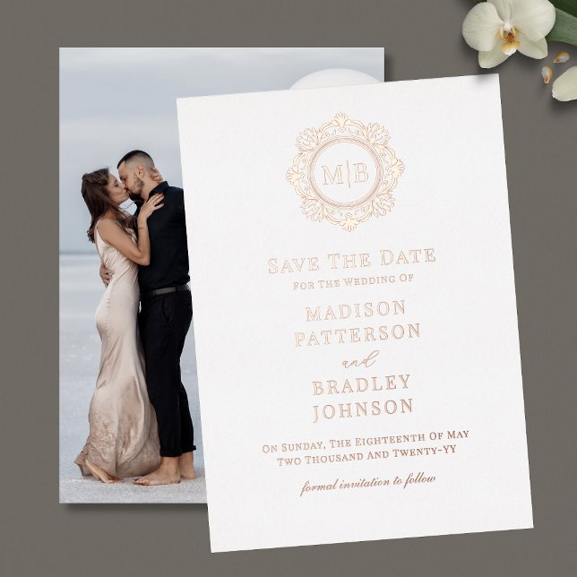 Ornate Floral Monogram Photo Wedding Save The Date Foil Invitation (Creator Uploaded)