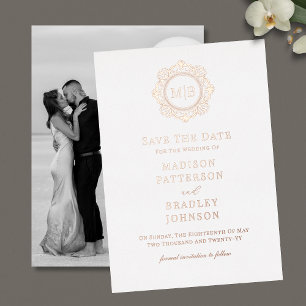 Ornate Floral Monogram Photo Wedding Save The Date Foil Invitation