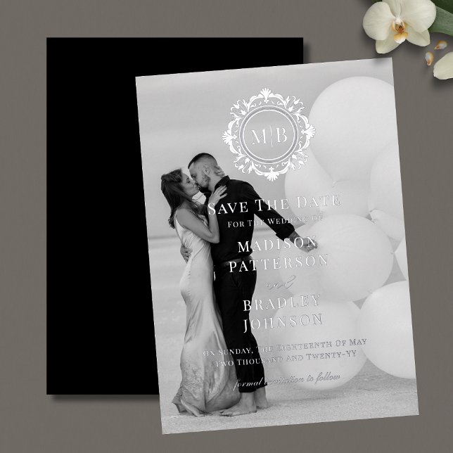 Ornate Floral Monogram Photo Wedding Save The Date Foil Invitation (Creator Uploaded)