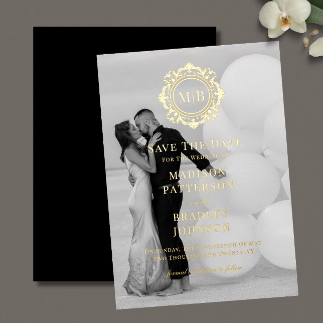 Ornate Floral Monogram Photo Wedding Save The Date Foil Invitation (Creator Uploaded)