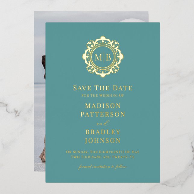 Ornate Floral Monogram Photo Wedding Save The Date Foil Invitation (Front/Back)