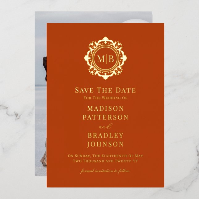 Ornate Floral Monogram Photo Wedding Save The Date Foil Invitation (Front/Back)