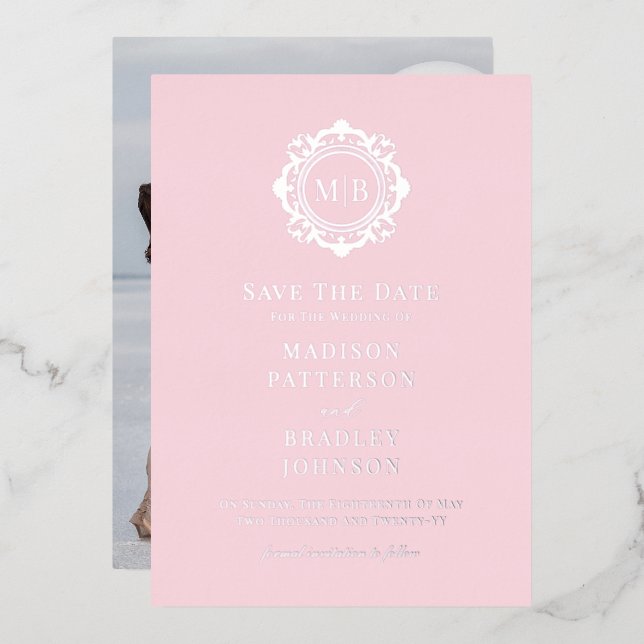 Ornate Floral Monogram Photo Wedding Save The Date Foil Invitation (Front/Back)