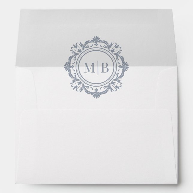 Ornate Floral Monogram Silver Wedding Envelope (Back (Bottom))