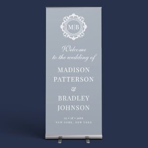 Ornate Floral Monogram Silver Wedding Welcome Sign