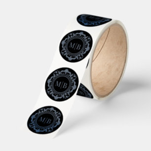 Ornate Floral Monogram Wedding Black Silver Classic Round Sticker