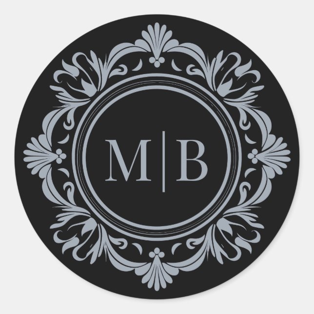 Ornate Floral Monogram Wedding Black Silver Classic Round Sticker (Front)