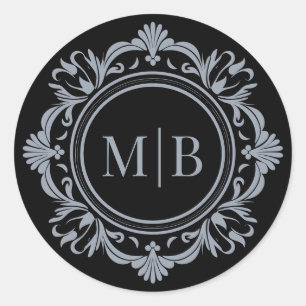 Ornate Floral Monogram Wedding Black Silver Classic Round Sticker
