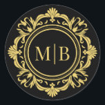 Ornate Floral Monogram Wedding Elegant Black Gold Classic Round Sticker<br><div class="desc">Ornate Floral Monogram Wedding Elegant Black Gold Classic Round Sticker features your personalized monogrammed initials in elegant script typography surrounded by an ornamental floral frame and custom text overlay on a black background. Add as an envelope seal to your wedding invitations, save the dates, wedding favors, gifts and more. Perfect...</div>