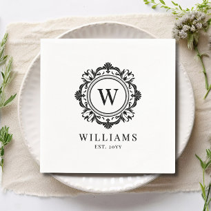 Ornate Floral Monogram Wedding Elegant Black Napkins