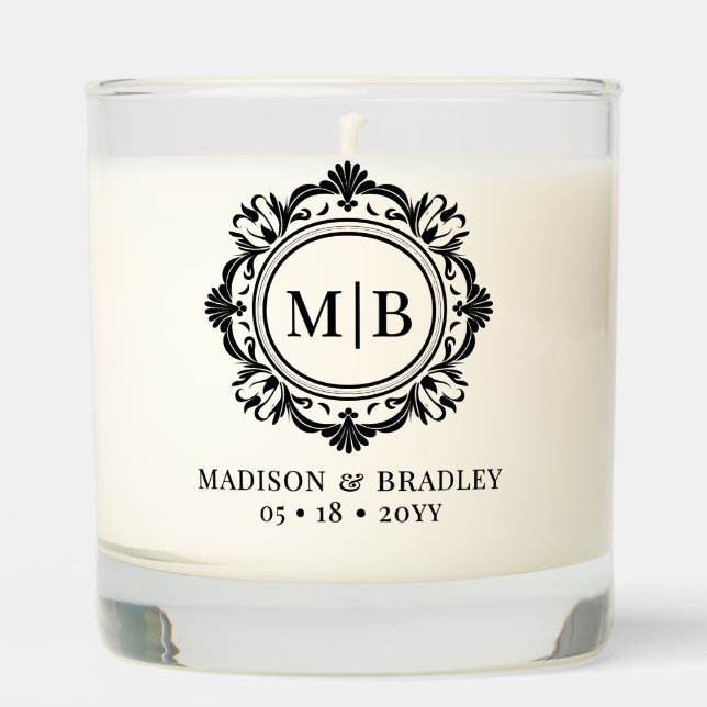 Ornate Floral Monogram Wedding Elegant Black Scented Candle (Front)