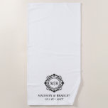 Ornate Floral Monogram Wedding Elegant Black White Beach Towel<br><div class="desc">Ornate Floral Monogram Wedding Elegant Black White Beach Towels features your personalized monogrammed initials in elegant script typography surrounded by an ornamental floral frame and custom text overlay with your names and wedding date below. Add a touch of style and sophistication to your wedding festivities with this gorgeous personalized monogrammed...</div>