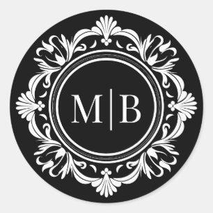 Ornate Floral Monogram Wedding Elegant Black White Classic Round Sticker